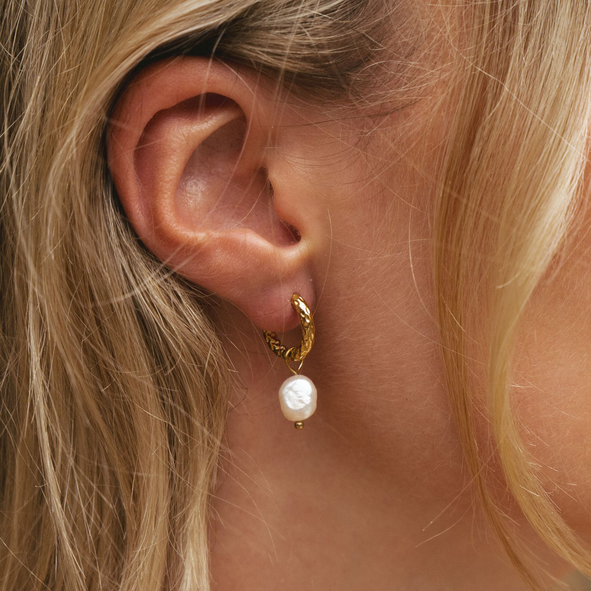 Hammered Pearl Hoop Earrings, 12 mm