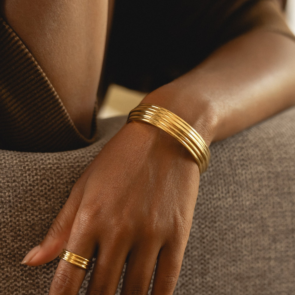 Layered Cuff Bracelet, 13 mm, 18K Gold PVD Steel — Linea