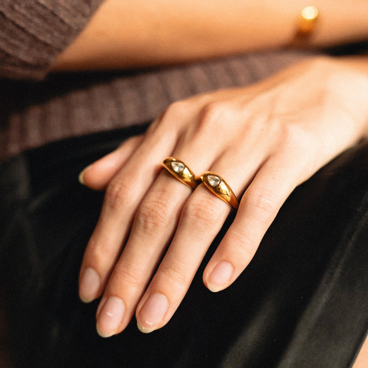 Two Pear Zircon Rings Set, Steel — Harmony