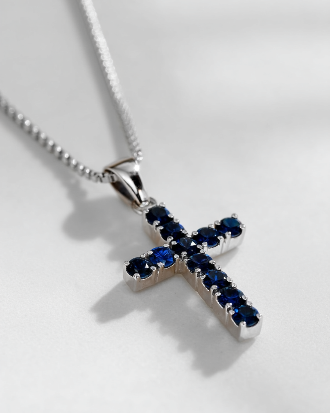 Blue Zirconia Cross Pendant Necklace, Silver-Tone, 60 cm
