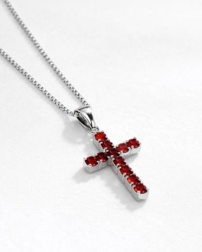 Red Zirconia Cross Pendant Necklace, Silver-Tone, 60 cm