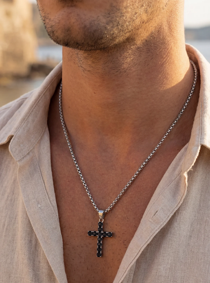 Black Zirconia Cross Pendant Necklace, Silver-Tone, 60 cm