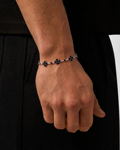 Black Zircon Clover Bracelet, Silver-Plated Copper, Adjustable