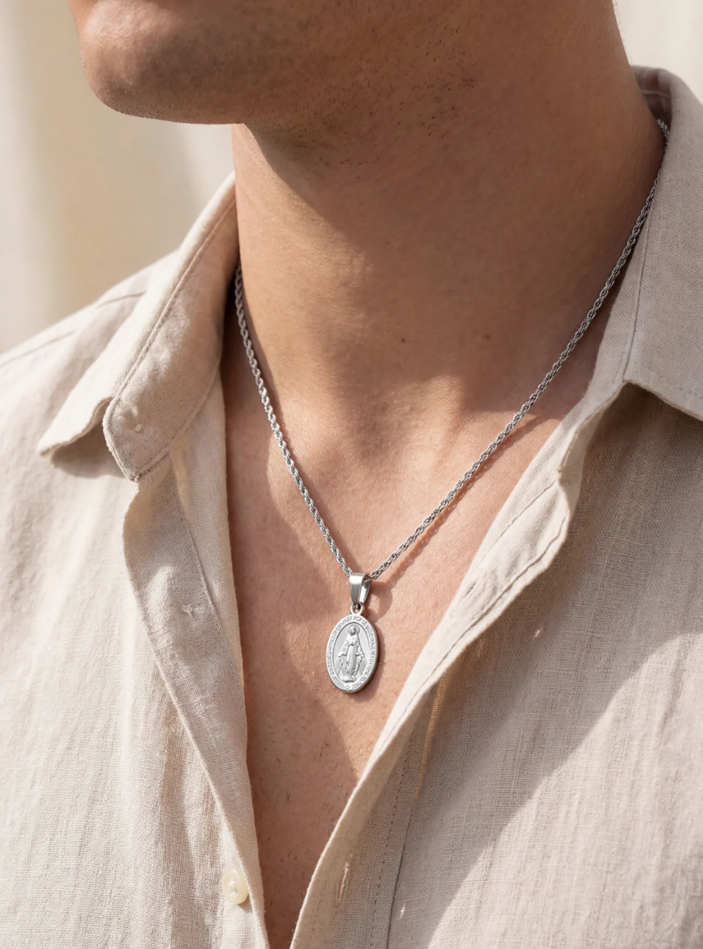 Virgin Mary Medallion Necklace, Silver-Plated Steel