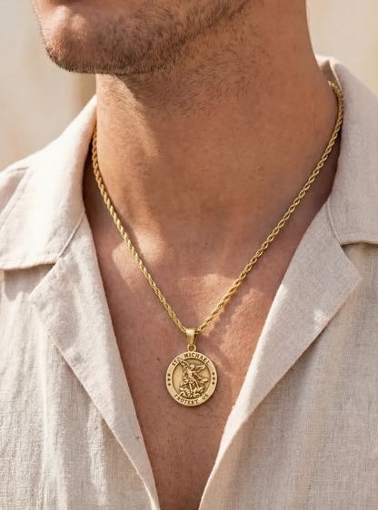 Saint Michael Medallion Necklace, Gold-Plated Steel