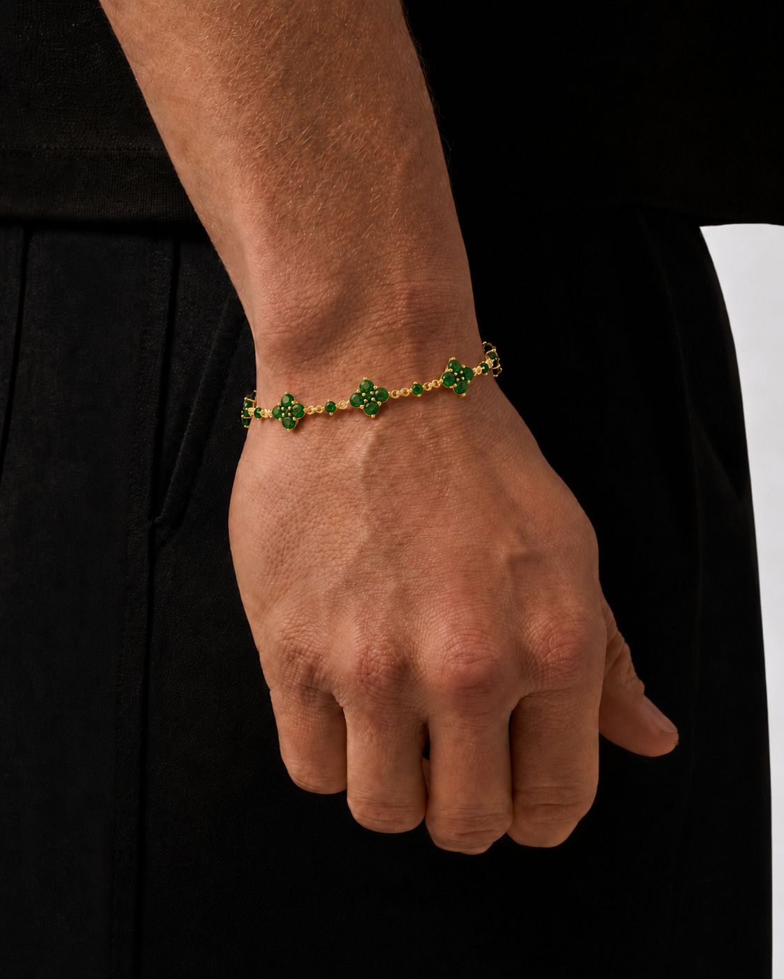 Green Zircon Clover Bracelet, Gold-Plated Copper, Adjustable