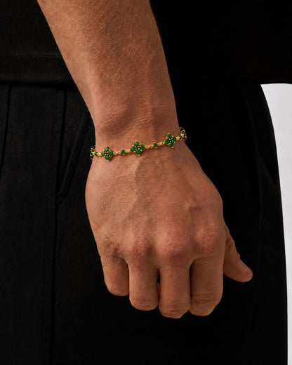 Green Zircon Clover Bracelet, Gold-Plated Copper, Adjustable