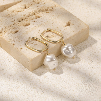 Irregular Pearl Drop Hoop Earrings — Denise