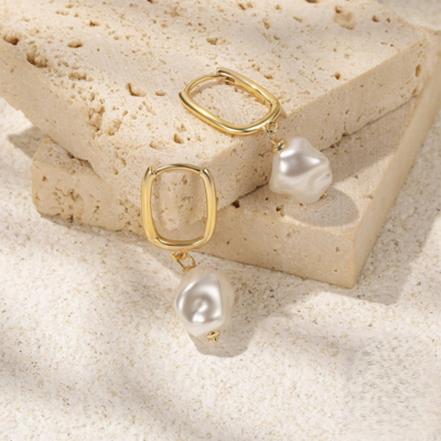 Irregular Pearl Drop Hoop Earrings — Denise