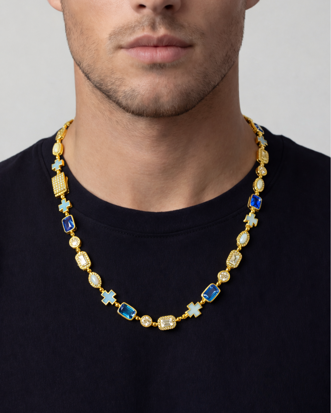Men’s Blue and Clear Mosaic Necklace, 6 mm, 18K Gold-Plated — Royal Azure
