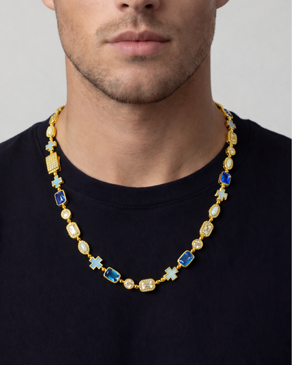 Men’s Blue and Clear Mosaic Necklace, 6 mm, 18K Gold-Plated — Royal Azure