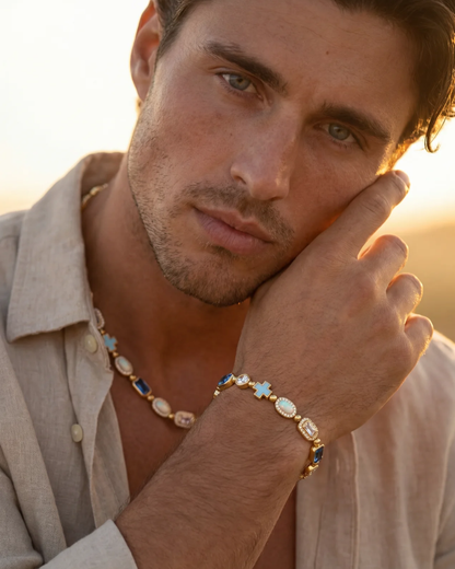 Men’s Blue and Clear Mosaic Necklace, 6 mm, 18K Gold-Plated — Royal Azure