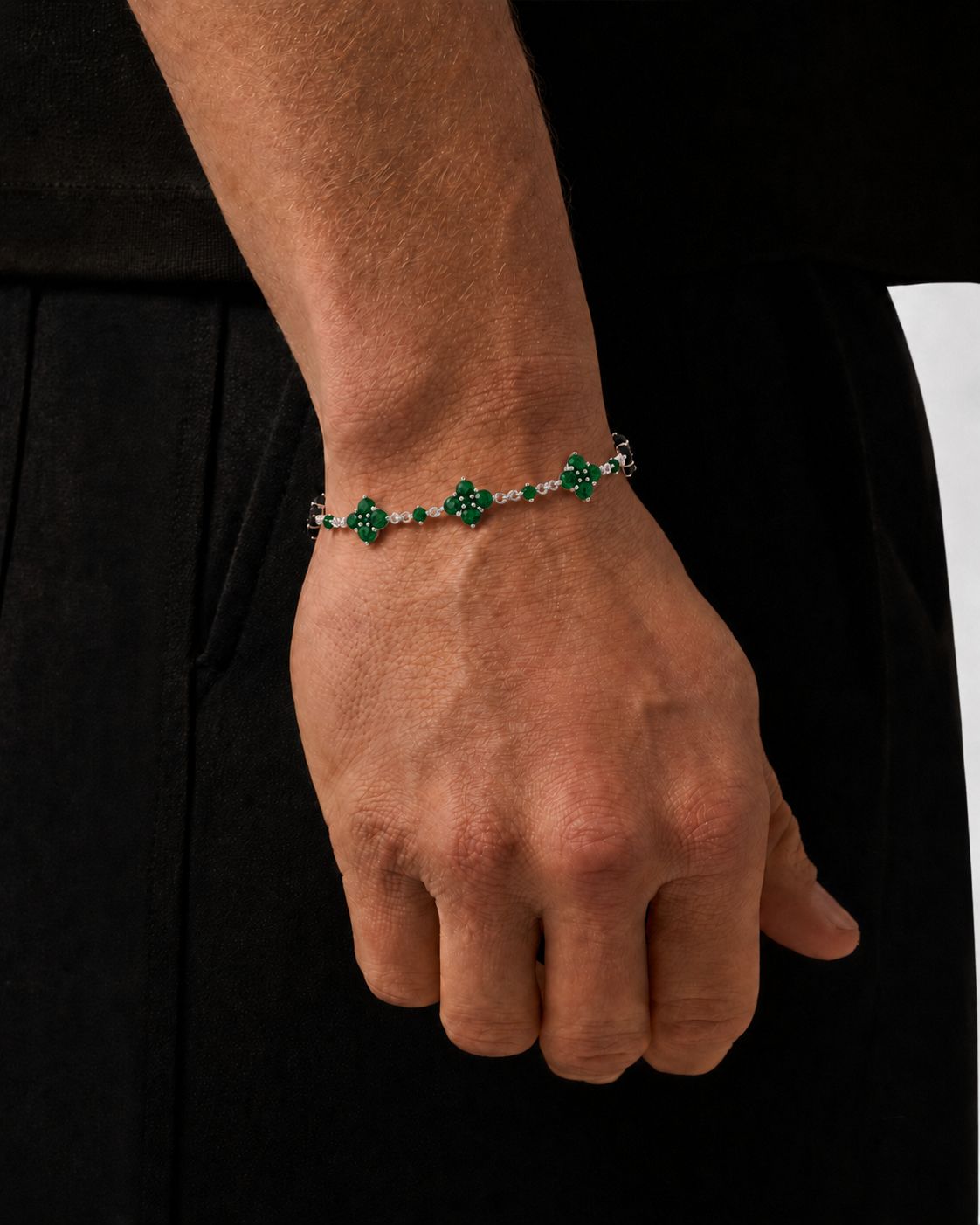 Green Zircon Clover Bracelet, Silver-Plated Copper, Adjustable