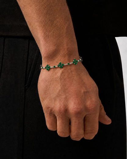 Green Zircon Clover Bracelet, Silver-Plated Copper, Adjustable