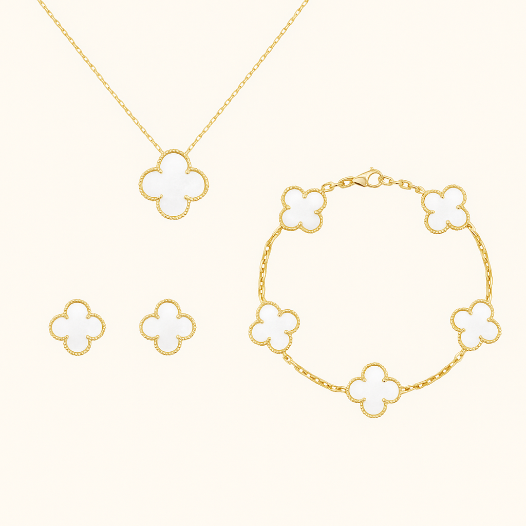 White Clover Necklace Bracelet Earrings Set