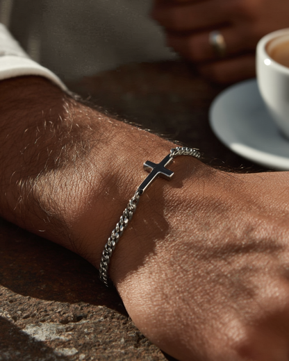 Men’s Cuban Chain Cross Bracelet, 3 mm, Platinum-Plated Steel
