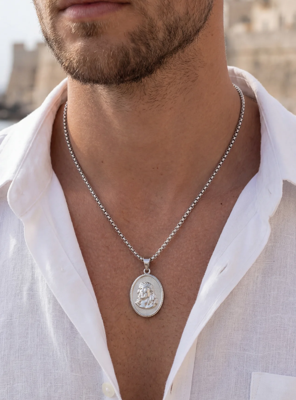 Oval Relief Medallion Necklace, Silver-Tone 316L Steel — The King
