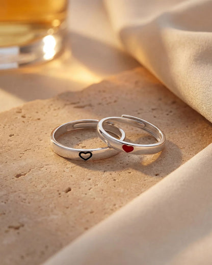 Adjustable Heart Ring Set, 2 Pieces, Silver-Plated Steel