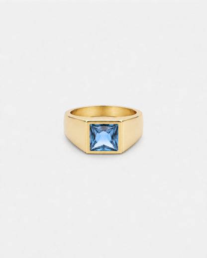 Men’s Aqua Blue Zirconia Square Signet Ring, Gold-Tone