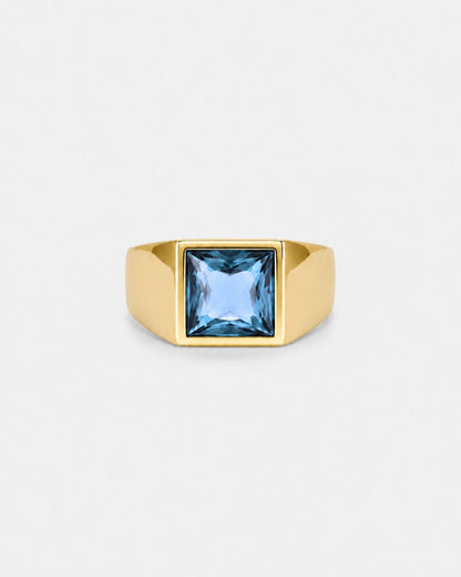 Men’s Aqua Blue Zirconia Square Signet Ring, Gold-Tone