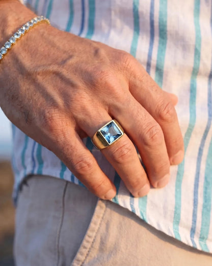 Men’s Aqua Blue Zirconia Square Signet Ring, Gold-Tone