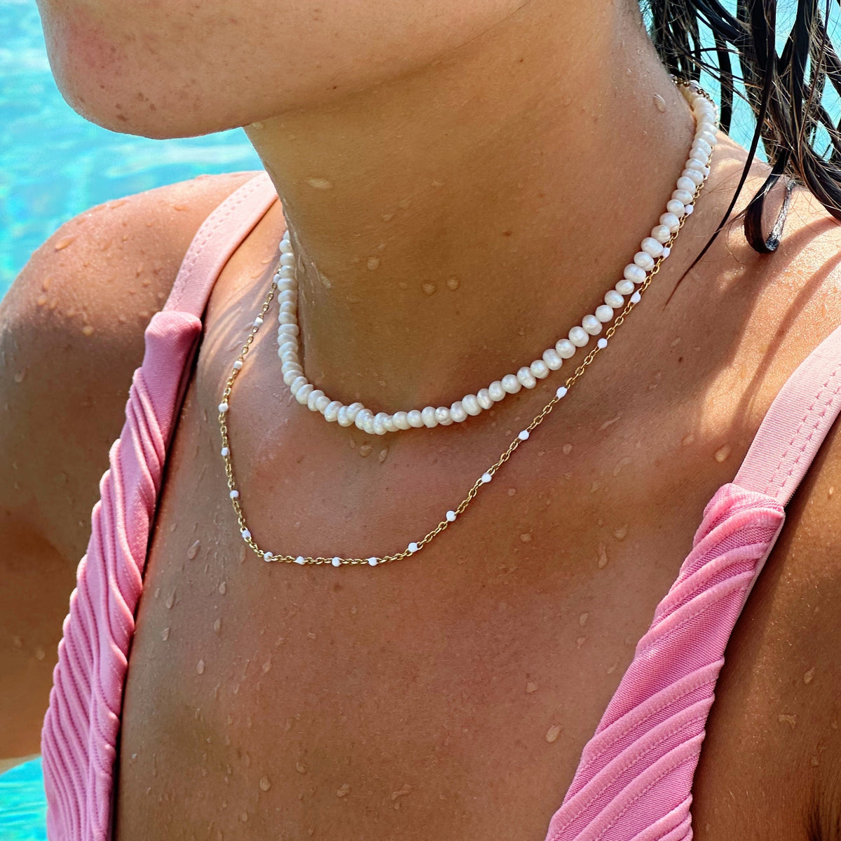 White Enamel Bead Choker, 39–44 cm