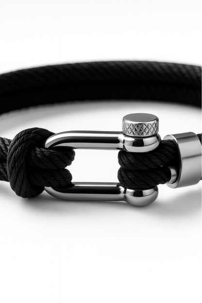 Men’s Black Braided Nylon Rope Bracelet with Steel Shackle