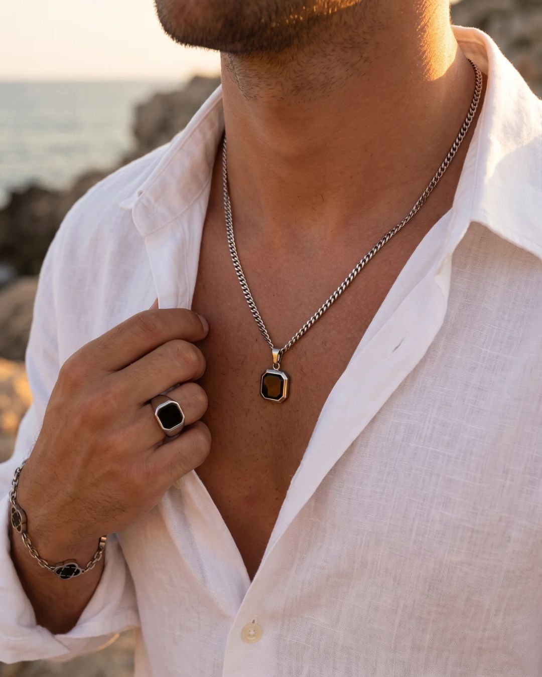 Men’s Black Inlay Pendant Necklace, Silver-Plated Steel
