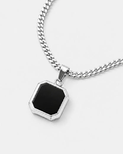 Men’s Black Inlay Pendant Necklace, Silver-Plated Steel