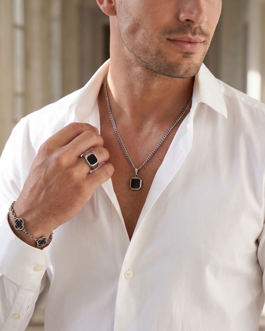 Men’s Black Inlay Pendant Necklace, Silver-Plated Steel