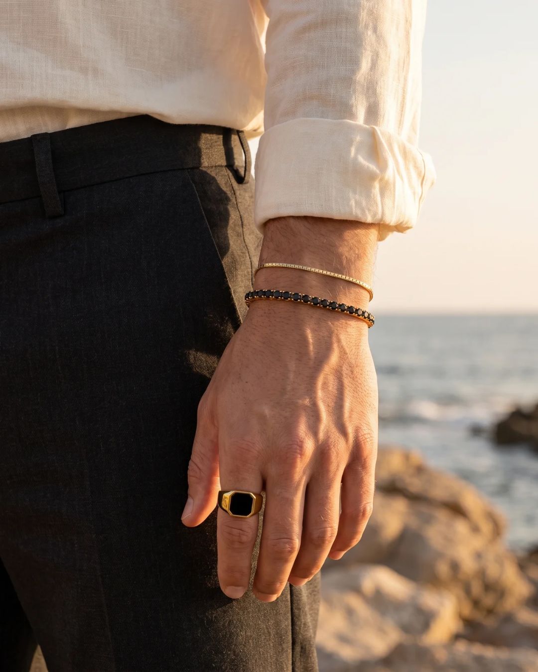 Men’s Black Inlay Signet Ring, Gold-Plated Steel, US 7–13