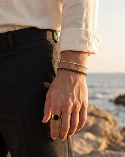 Men’s Black Inlay Signet Ring, Gold-Plated Steel, US 7–13