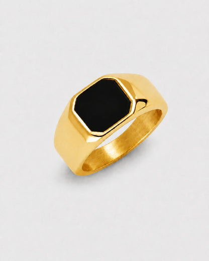 Men’s Black Inlay Signet Ring, Gold-Plated Steel, US 7–13