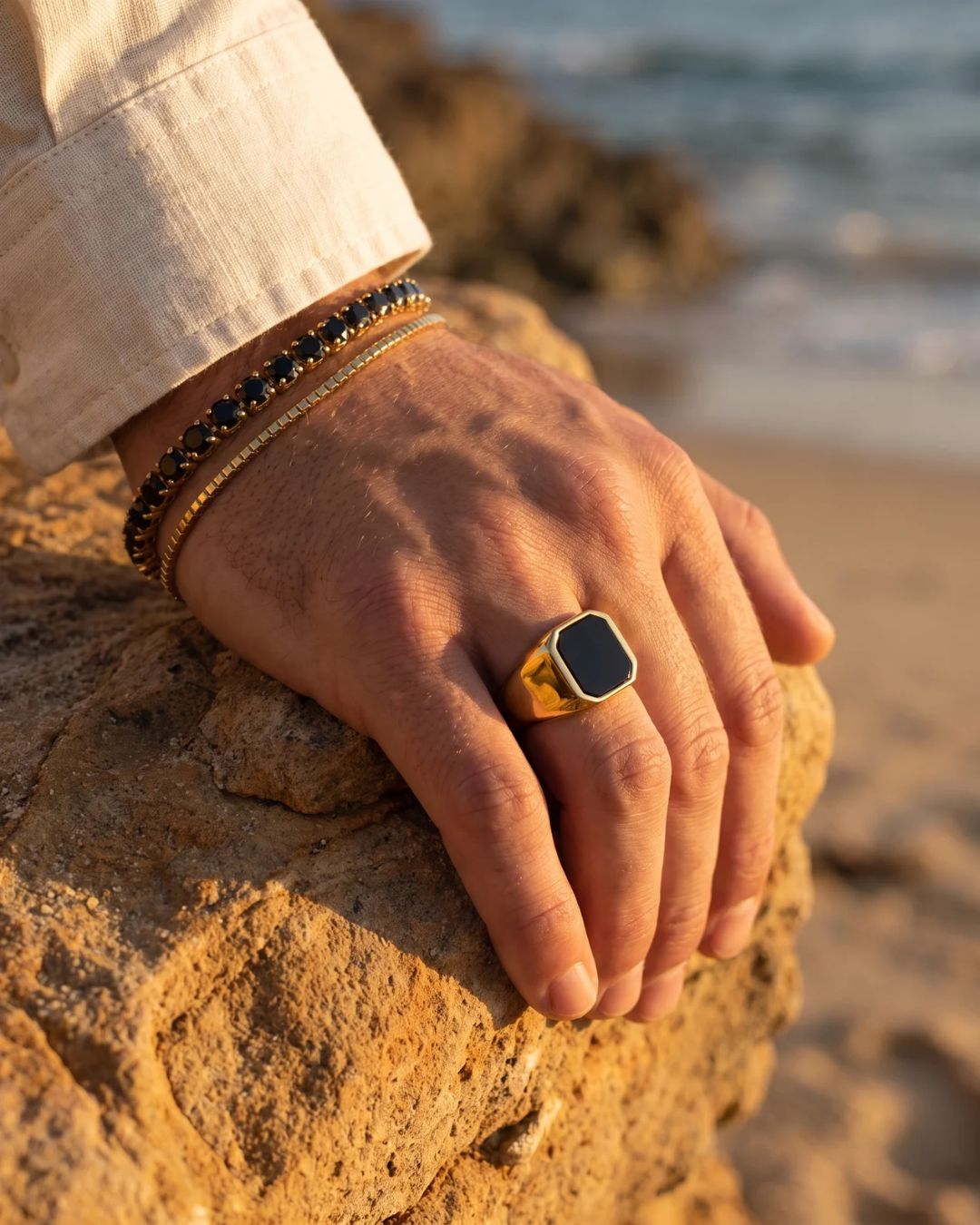 Men’s Black Inlay Signet Ring, Gold-Plated Steel, US 7–13