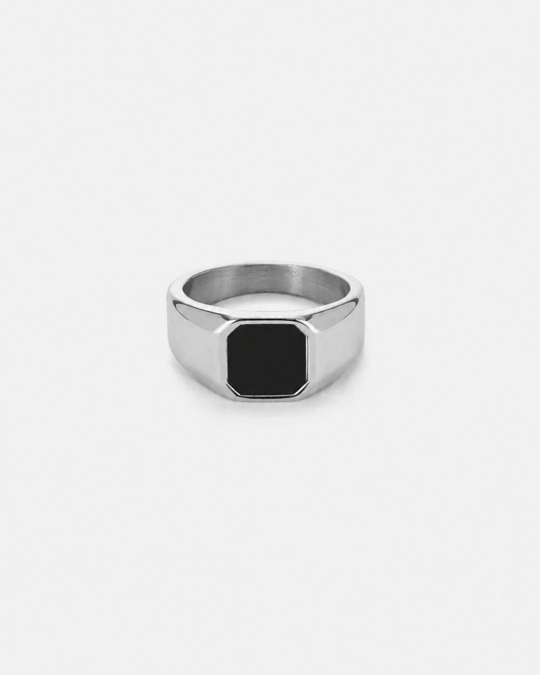 Men’s Black Inlay Signet Ring, Silver-Plated Steel, US 7–13