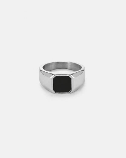 Men’s Black Inlay Signet Ring, Silver-Plated Steel, US 7–13