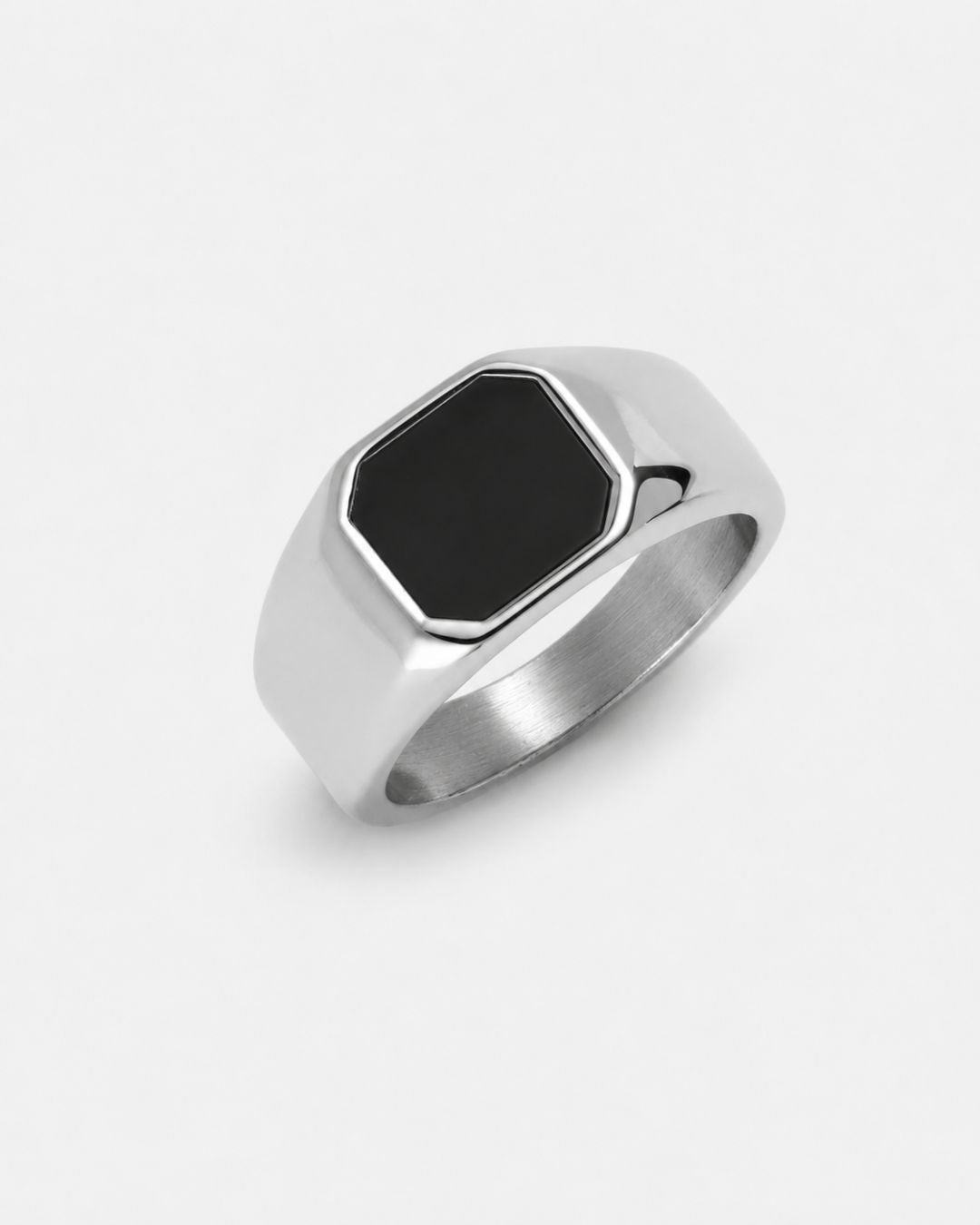 Men’s Black Inlay Signet Ring, Silver-Plated Steel, US 7–13