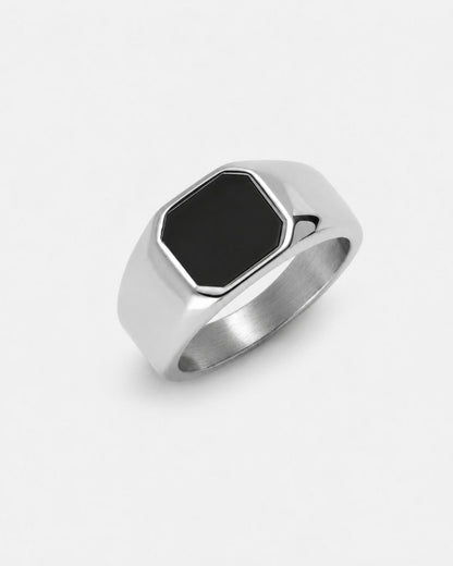 Men’s Black Inlay Signet Ring, Silver-Plated Steel, US 7–13
