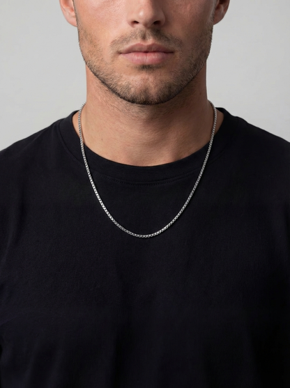 Men’s Square-Link Box Necklace, 55 cm, Platinum-Plated Steel