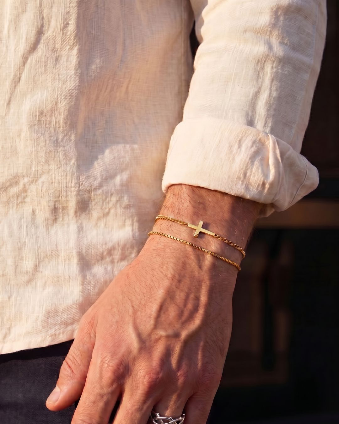 Men’s Box Chain Bracelet, 18K Gold-Plated Steel, Adjustable