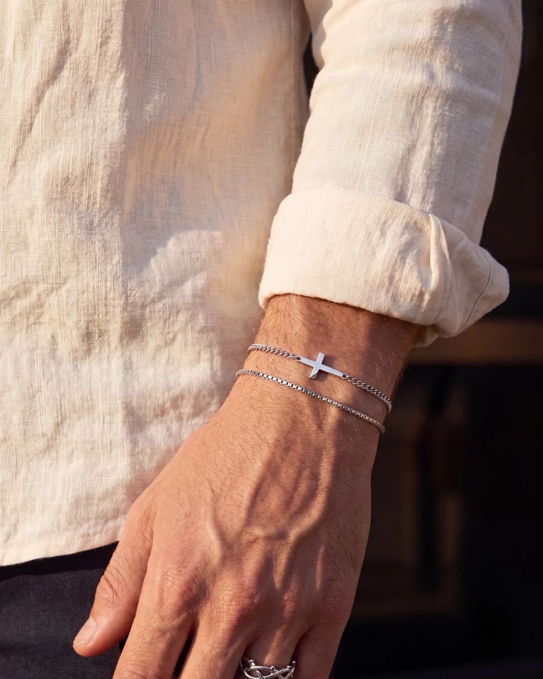 Men’s Box Chain Bracelet, Platinum-Plated Steel, Adjustable