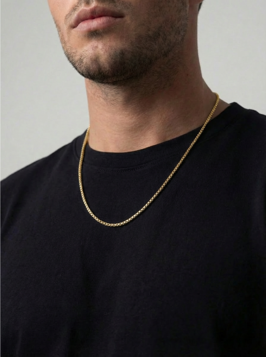 Men’s Square-Link Box Necklace, 55 cm, 18K Gold-Plated Steel