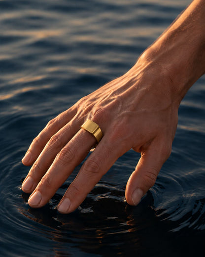Brushed Rectangular Signet Ring, Gold-Tone Stainless Steel