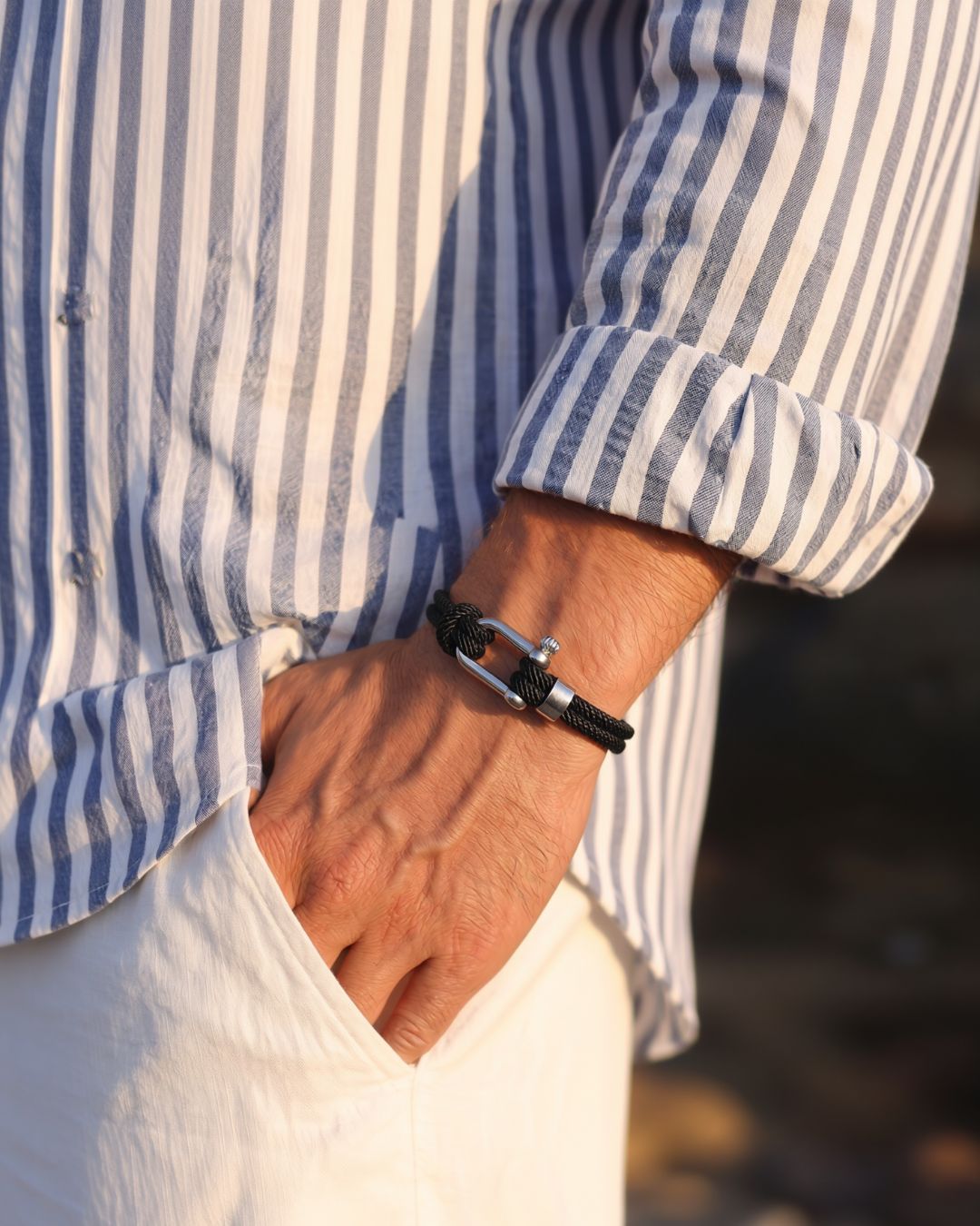 Men’s Black Braided Nylon Rope Bracelet with Steel Shackle