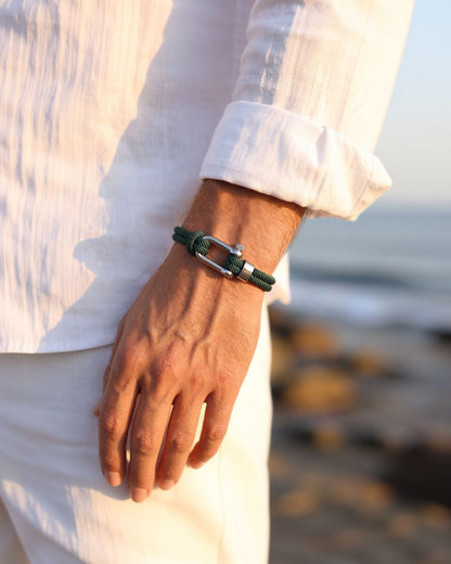 Men’s Forest Green Braided Nylon Rope Bracelet with Steel Shackle