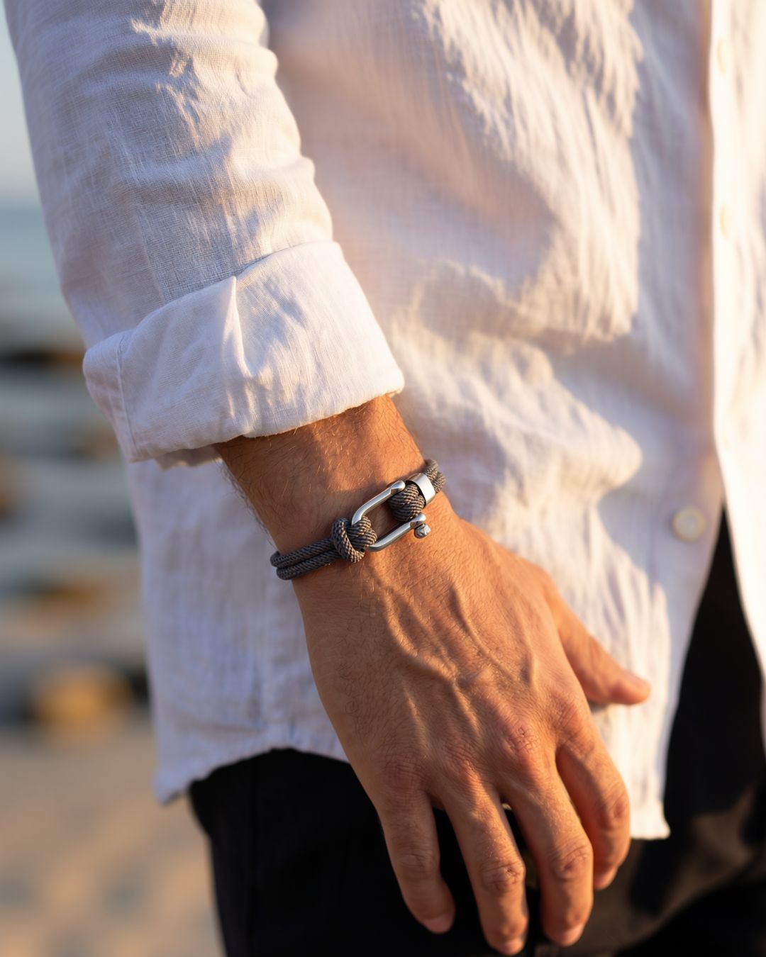 Men’s Grey Braided Nylon Rope Bracelet with Steel Shackle