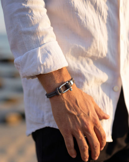 Men’s Grey Braided Nylon Rope Bracelet with Steel Shackle