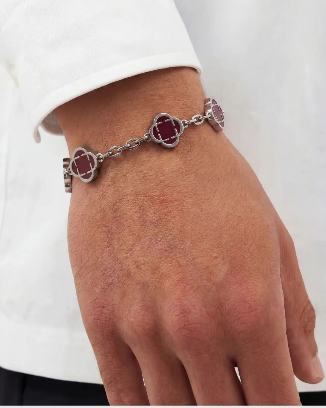 Burgundy Clover Charm Bracelet, Silver-Plated Stainless Steel