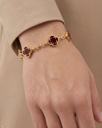 Burgundy Clover Charm Bracelet, Gold-Plated Stainless Steel
