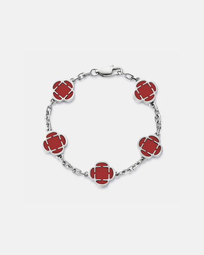 Burgundy Clover Charm Bracelet, Silver-Plated Stainless Steel